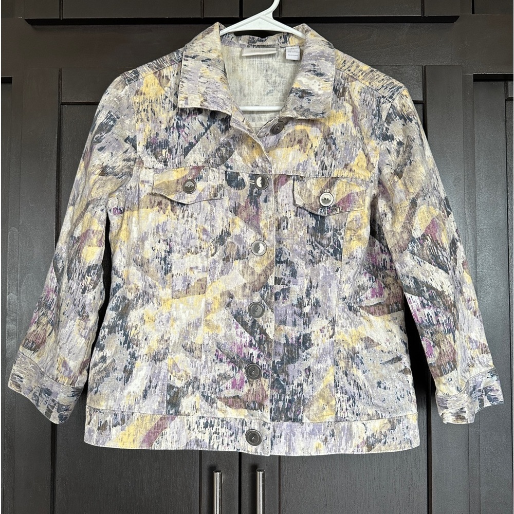 Chicos Blazer Jacket Womens Purple Yellow 3/4 Sleeve Linen Blend 0 small